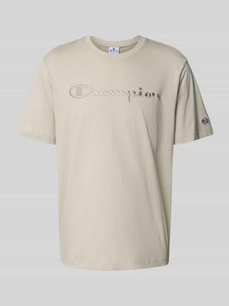 Champion T-Shirt mit Logo-Stitchings und Rundhalsausschnitt in Beige, Gr&ouml;&szlig;e XXL