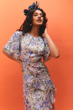 Oasis Womens Occasion Floral Asymmetric Ruffle Jacquard Midi Dress - Blue - Size 12 UK