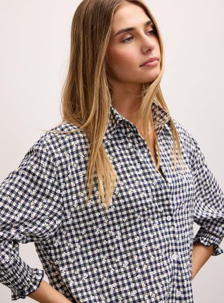 Icone Womens Tiny white flowers navy blue gingham shirt