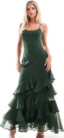 Asos Petite ASOS DESIGN Petite - Vestito lungo verde bosco con taglio sbieco, scollo rotondo e fondo con volant