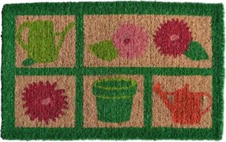 Imports Decor Garden Theme Coir Doormat, Coconut Fiber Door Mat with Flower Pot & Watering Can Design for Indoor Outdoor Use