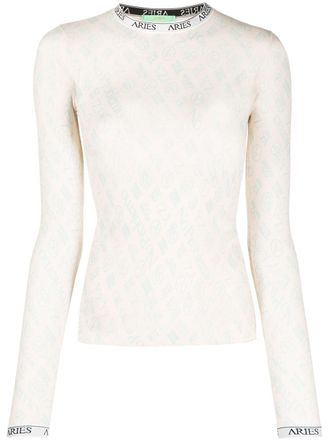 Aries monogram long-sleeved tulle top - women - Cotton/Polyamide/Spandex/Elastane - 1 - Neutrals