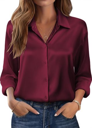 Zeagoo Womens Satin Blouse V-Neck Causal Satin Blouses Casual Silk Blouse Top Tops Long Sleeve Shirts Tunic Shirt, wine red, Large