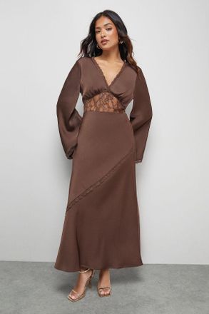 Oasis Womens Petite Satin Lace Insert Flute Sleeve Midi Dress - Chocolate - Size 12 UK