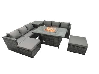 Fimous Rattan Garden Furniture Firepit Dining Set 6 Seater Lounge Sofa Table Set with Side Tables 2 Footstool in Dark Grey