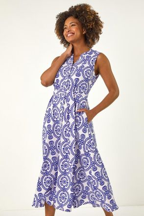Roman Circle Print Belted Midi Dress