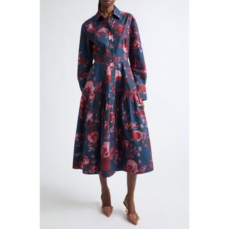 Erdem Floral Long Sleeve Organic Cotton Poplin Midi Shirtdress in Margot Rose Navy at Nordstrom, Size 16