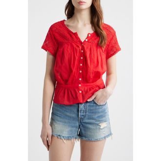 Free People Gemma Embroidered Button-Up Babydoll Top in High Risk Red at Nordstrom, Size X-Small