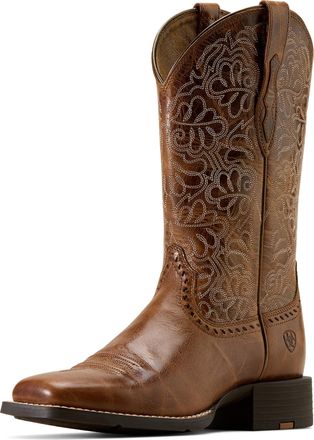 Ariat Womens Round Up Remuda Wide Square Toe Western Boots in Aged Tan Leather, B Medium Width, Size 4.5, by Ariat