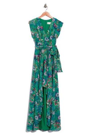 Eliza J Obi High-Low Maxi Dress in Dark Green/Light Blue at Nordstrom Rack, Size 6