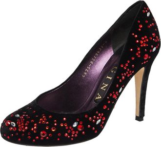 Gina Black Velvet Embellished Round Toe Pumps
