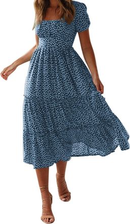 Generic Summer Dresses for Women UK, Puff Sleeves Square Neck Midi Floral Dresses, Ladies Flowy Chiffon Casual Beach Holiday Sundress Beach Dress for Women UK