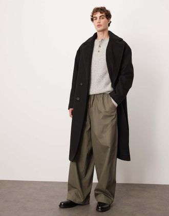 Asos Cappotto oversize lungo nero effetto lana con colletto in pile borg