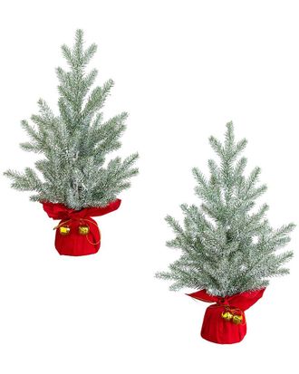 Nearly Natural Set Of 2 18In Artificial Flocked Christmas Tree With Wrapped Velvet Base & Gold Bells