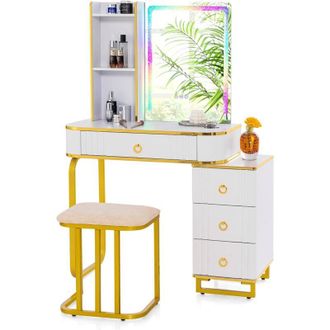 Costway Costway - Toeletta da Trucco con Specchio e Luci, Tavolo da Trucco con Sgabello, Porta 7 Luci led Dinamiche e 7 Luci Statiche Dimmerabili, Porte usb