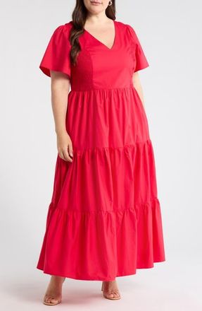 Sugarlips Alexis Poplin Tiered Midi Dress in Cherry-Red at Nordstrom, Size 3 X