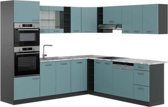 Vicco Cucina angolare completa R-Line, Blu-grigio/antracite, 237 x 247 cm, PL Marmo, Vicco