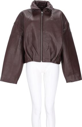 Rotate Cropped Oversized Brown Lamb Leather Jacket