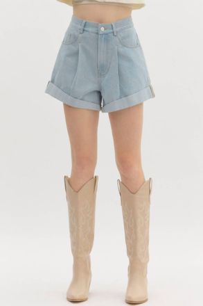 Entro Womens Pleated Hi Waisted Denim Shorts In Blue