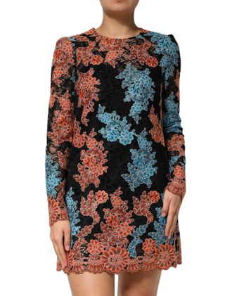 Dolce & Gabbana Womens Multicolor Floral Embroidery Shift Mini Dress Polyester Polyamide Viscose