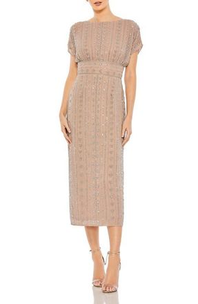 Mac Duggal Beaded Cap Sleeve Column Midi Dress in Dark Mocha at Nordstrom, Size 10