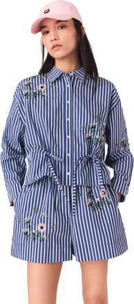 Maje Cropped embroidered striped shirt in White/blue at Nordstrom, Size X-Small