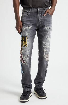 Amiri Varsity Patch Rip & Repair Skinny Jeans in Black Sand at Nordstrom, Size 33