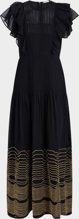 Marie Oliver Winfrey Flutter-Sleeve Pintuck Maxi Dress