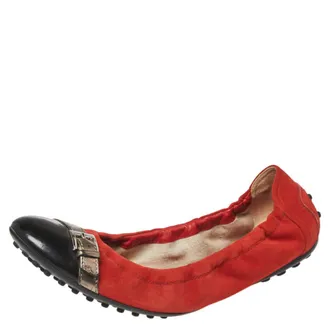 Tod's Tods Orange/black Suede And Patent Leather Cap Toe Scrunch Ballet Flats