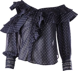 Self Portrait Plumetis Frilled Top in Blue Polyester