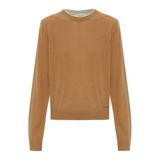 Versace Round-neck Knitwear, female, Beige, Size: 2XS Embroidered Wool Knit Sweater