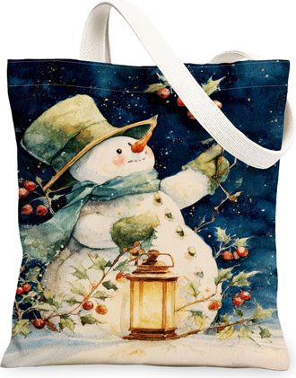 Generic Winter Snow Man Canvas Tote Bags, Decorative Holiday Art Reusable Grocery Bags, Lightweight Washable Shoulder Strap for Tra, Blue, 13x15 Inch