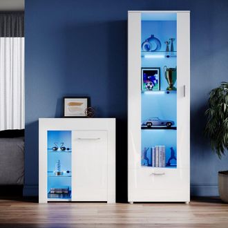 Elegant Lighting White Display Cabinet Set High Gloss Living Room Set Tall Storage Cabinet Sideboard Cupboard with Multicolour led Light - Elegant