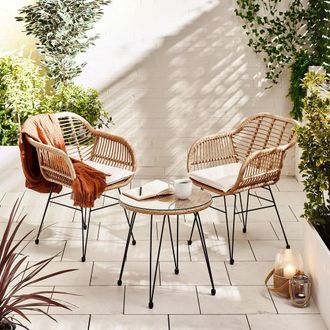 Furniturebox Belize Wicker Style PE Rattan 2 Seat Outdoor Garden Bistro Table & Chairs Set, black metal hairpin legs in Light Beige