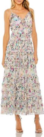 Mac Duggal Sleeveless Floral V-Neck Sequin Detail Ruffle Dress in Nude Multi at Nordstrom, Size 14