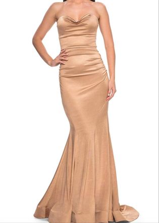 La Femme Strapless Maxi Gown In Bronze
