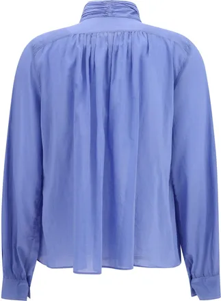 Forte_Forte Womens Pleated High-Neck Blouse Oxford Blue Cotton; Silk Shirt