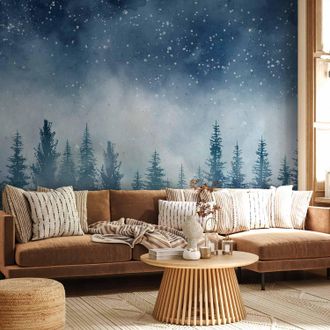 OEM Sfondo Fotografico - Paesaggio Notturno Di Una Foresta Nebbiosa Con Un Cielo Stellato