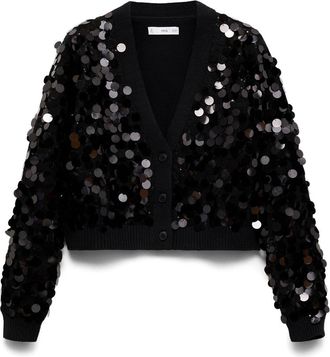 Mango Paillette V-Neck Crop Cardigan in Black at Nordstrom, Size Small