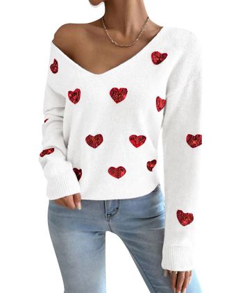 Generic Sequin Heart V-Neck Jumper Sweater for Women Shiny Glitter Embellished Knit Pullover