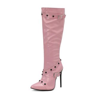 Generic Womens Patent Leather Knee High Boots with Rivet Pointed Toe Long Boots with Side Zipper Stiletto High Heel Party Prom Shoes,Pink,6.5 UK
