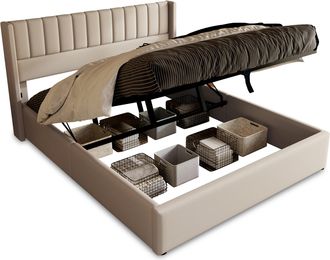 STILVORA Cama Canap&eacute; Doble 140 X 200 Cm De Lino, Apertura Hidr&aacute;ulica Y Cabecero Acolchado, Sin Colch&oacute;n, Beige