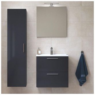 Vitra Mia Conjunto De Mobiliario Para Ba&ntilde;o 59x61x39,5 Cm Con Espejo, Lavabo E Iluminaci&oacute;n Led + Mueble De Ba&ntilde;o 145x35x35 Cm, Antracita