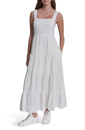 DKNY Sleeveless Tiered Cotton Gauze Sundress in Gold Strip at Nordstrom Rack, Size X-Small