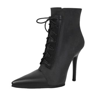 Generic Womens Party Ankle Boots Pointed Toe High Square Heel With Side Zipper And Front Lace Up Color Block Design