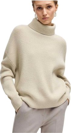 HUGO BOSS Truien & Vesten, Dames, Beige, M, Wol, Turtleneck Trui met Pofmouwen