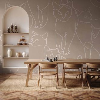 OEM Carta Da Parati Fotografica - Disegno Di Gatto - Schizzi Minimalisti Di Gatti Bianchi Su Sfondo Beige