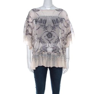 Roberto Cavalli Cream And Brown Silk Chiffon Botanical Print Top