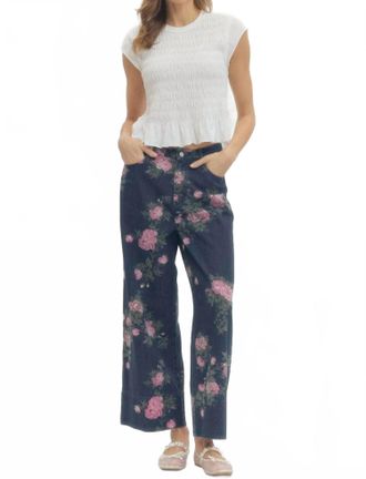 Entro Margaux Floral Print Denim Pants In Dark Indigo