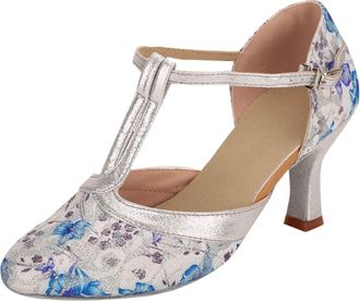 Generic Dance Sandals for Women, Dance Summer Elegant Sandals T-Strap Ballroom High Heel Shoes Closed Printed Pattern Prom Latin Dance Shoes Wedding Party Eve